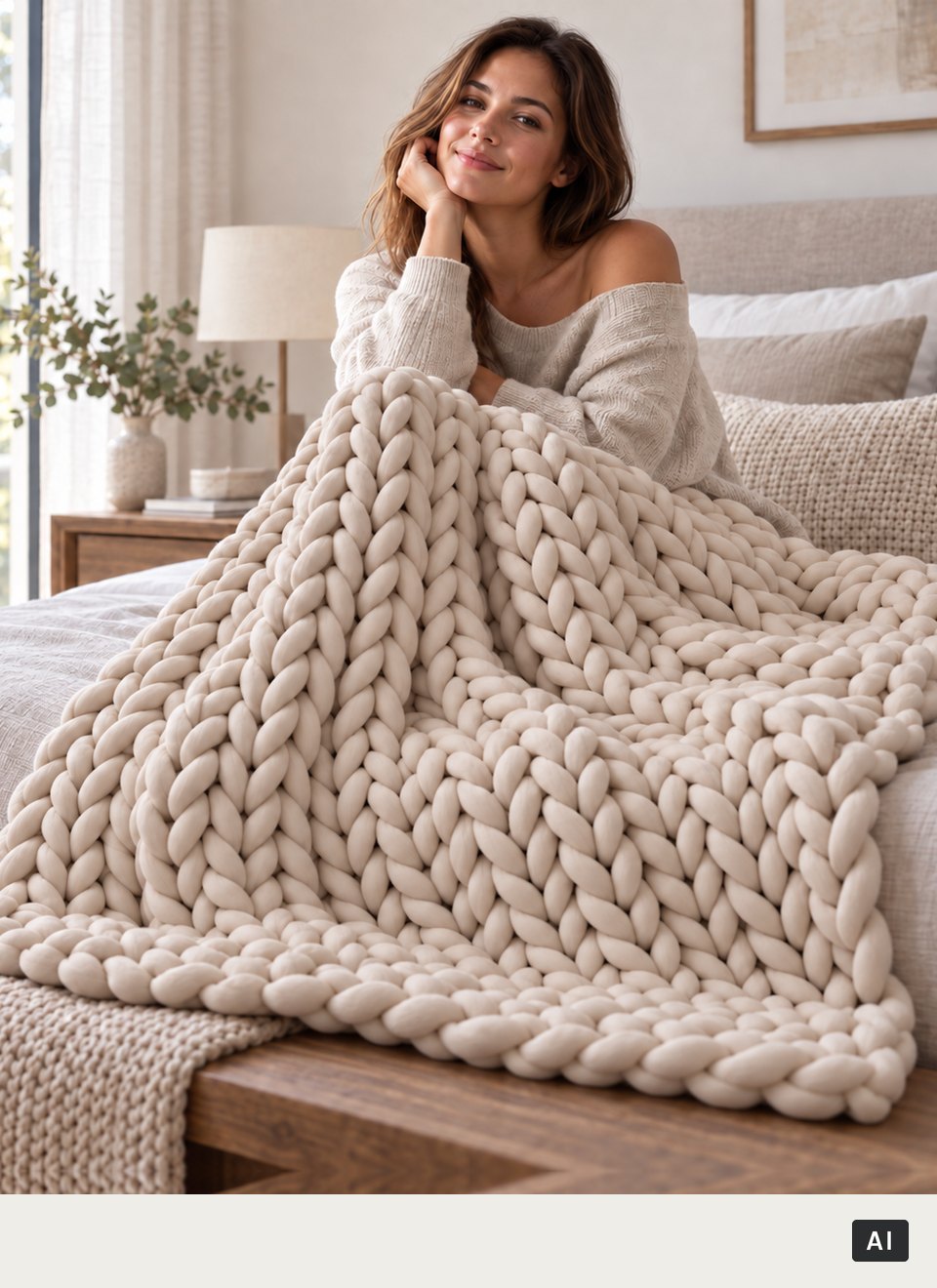 Iemand zit in bed onder een Knussie (met AI gemaakt beeld)