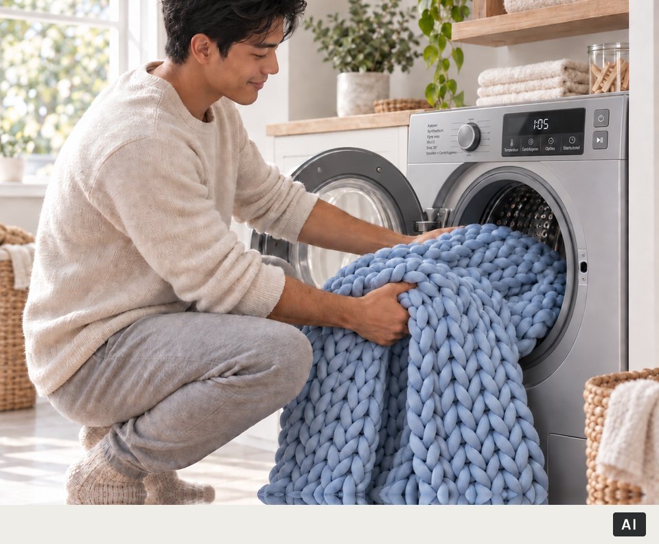Iemand legt een Knussie in de wasmachine (met AI gemaakt beeld)