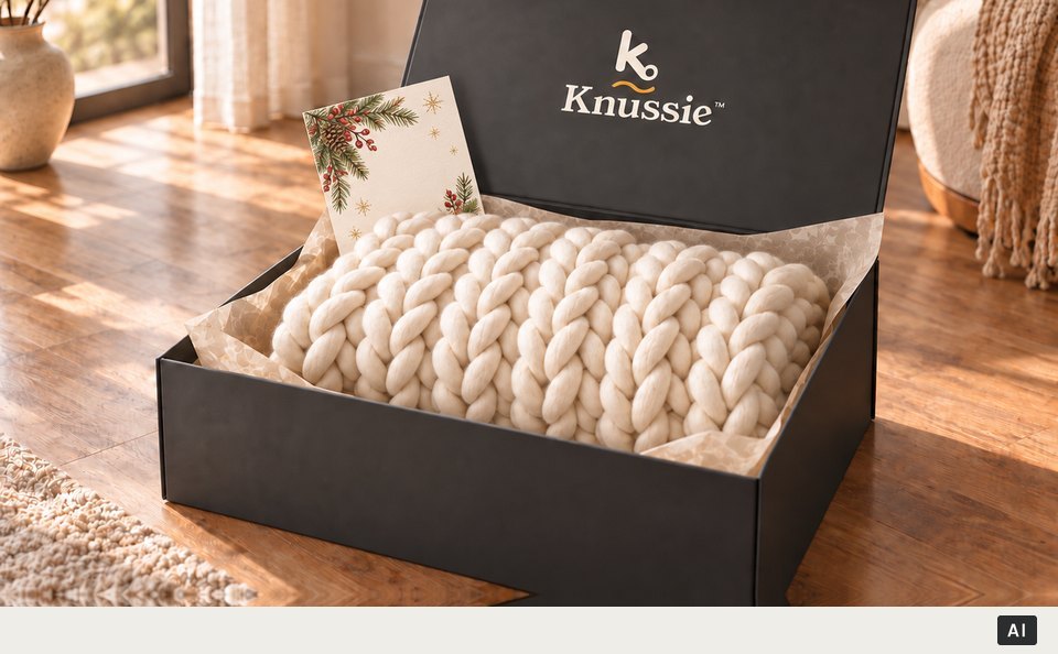 Een Knussie in een zwarte doos met vloeipapier, met een kerstkaartje erbij (met AI gemaakt beeld)
