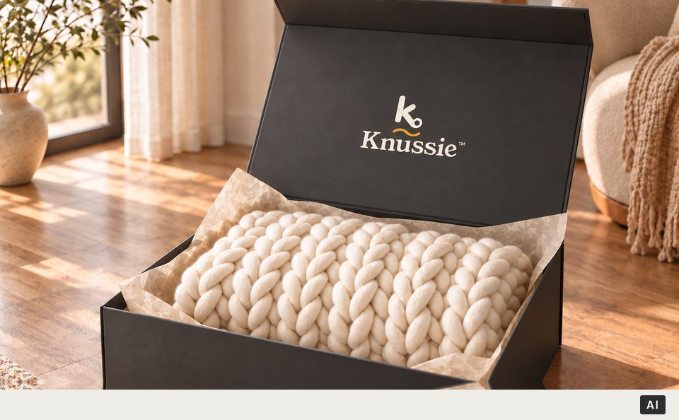 Opgevouwen Knussie in een zwarte doos met vloeipapier (met AI gemaakt beeld)