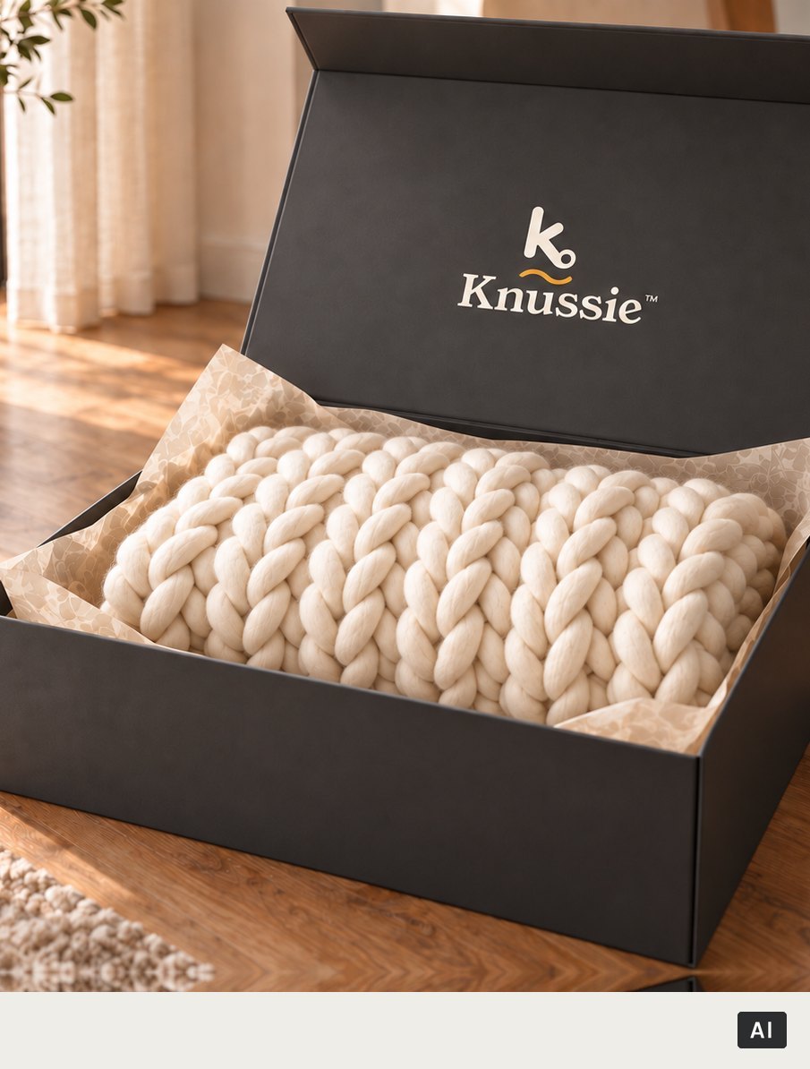 Knussie in Beige in de doos, klaar om te geven (met AI gemaakt beeld)