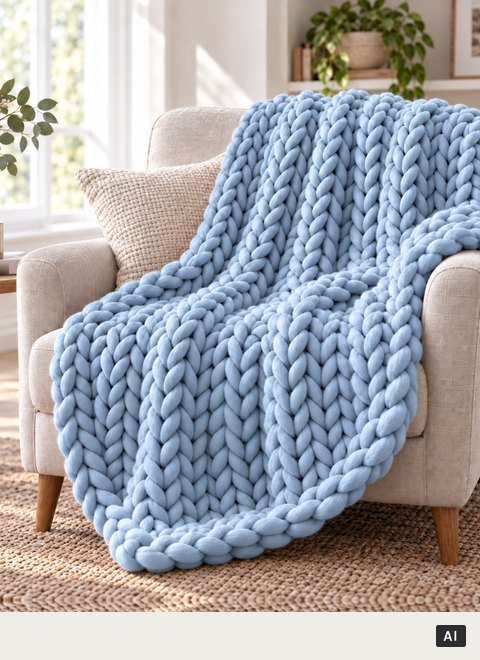 Knussie in Blauw over een fauteuil (met AI gemaakt beeld)
