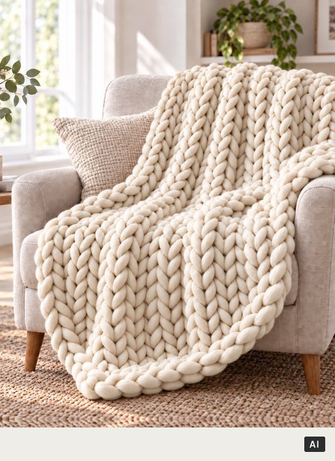 Knussie in Beige over een fauteuil (met AI gemaakt beeld)