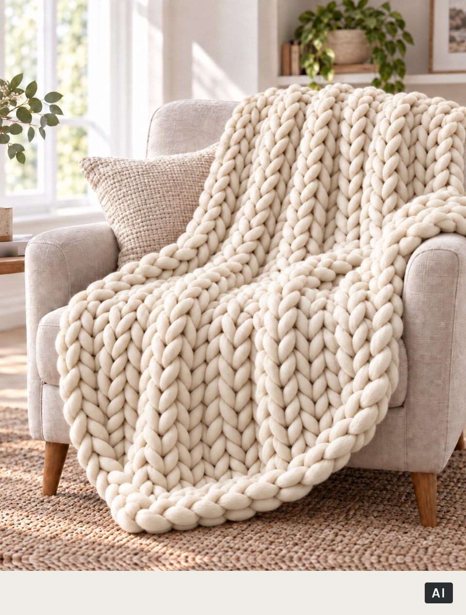 Knussie in Beige over een lichte fauteuil (met AI gemaakt beeld)